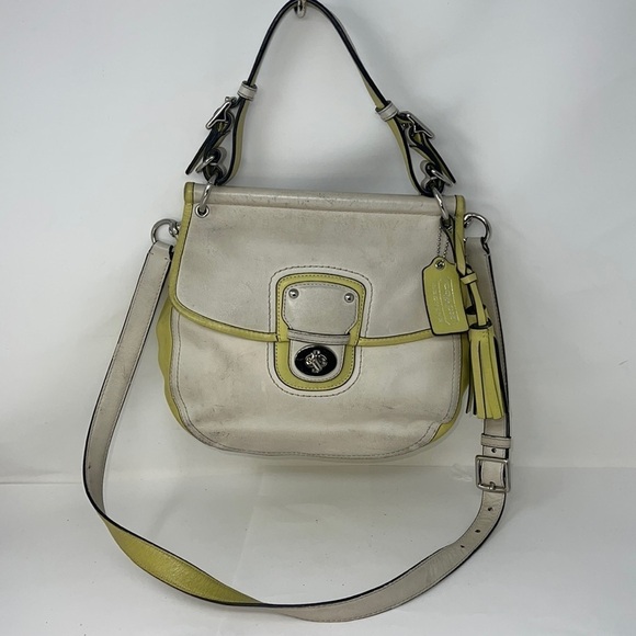 Coach Willis Cream & Lime Green Colorblocked Saddle Convertible Crossbody Bag - Picture 2 of 12